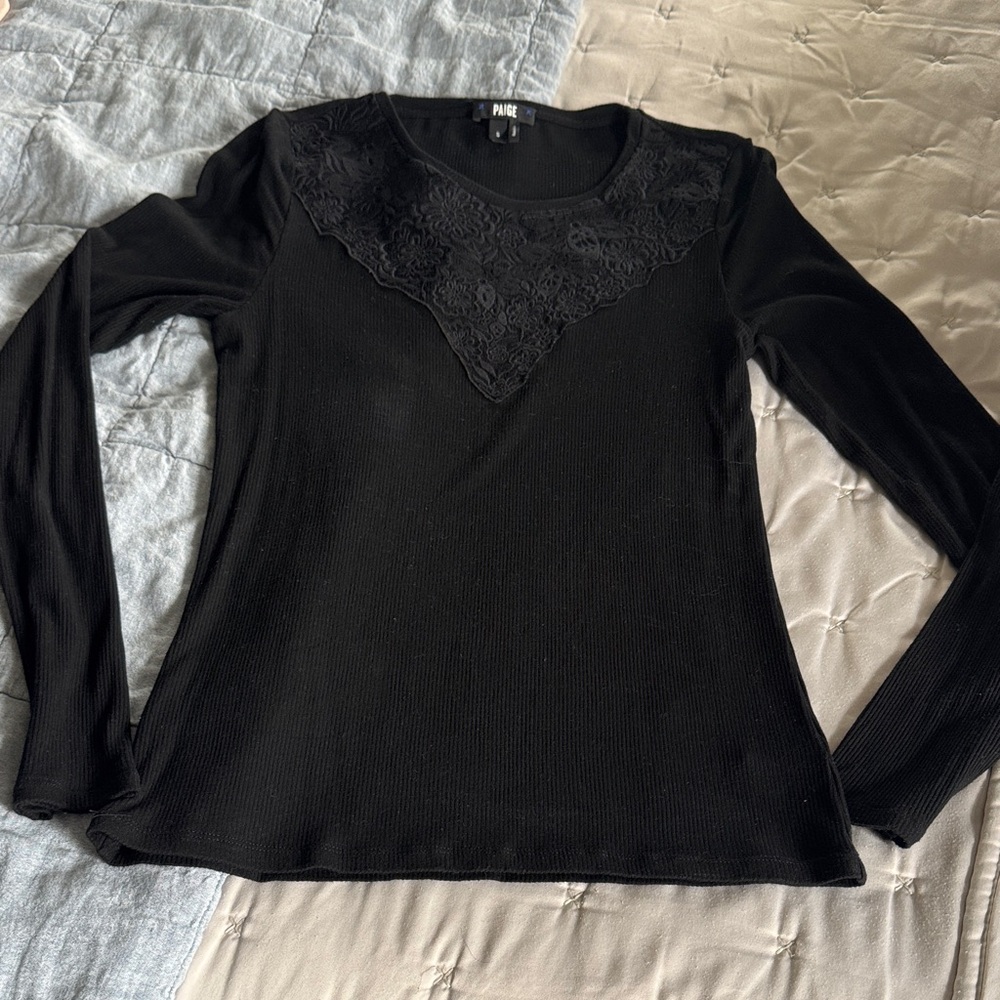 PAIGE Black Ribbed Long-Sleeve Top with Lace Yoke